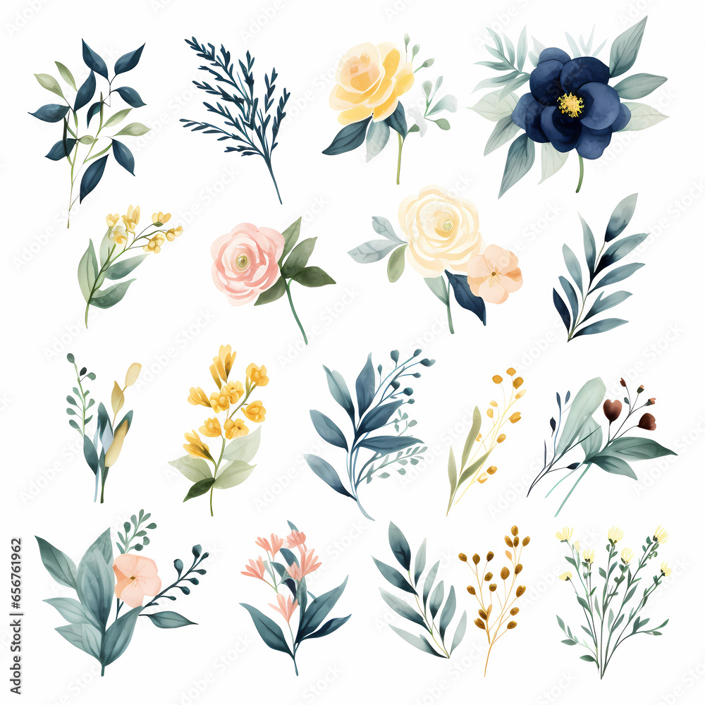 Watercolor elements  flowers, pink, blue, gold, leaves, eucalyptus, branches set for wedding, invitation card, greeting, wallpaper, fashion, isolated, transparent background.