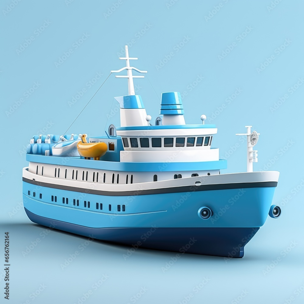 big ship, steamship characters and 3D objects made in minimalist styles on an isolated background, Pre-school education of children on colorful 3D pictures used as the alphabet