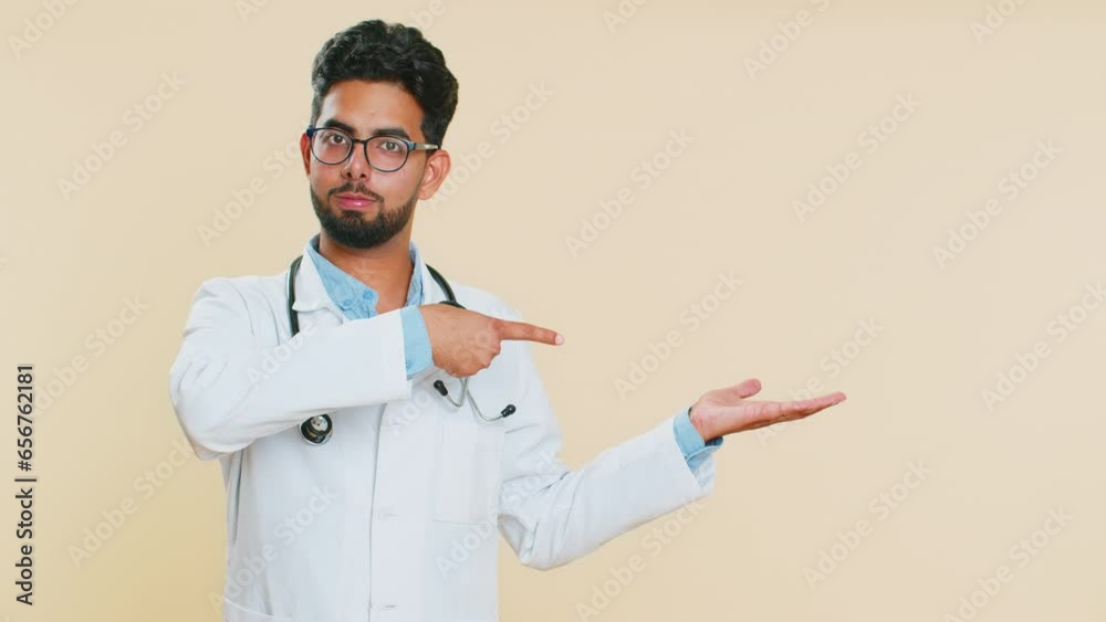 Indian young doctor cardiologist man show thumbs up and pointing right empty place, advertising area for commercial discount, copy space. Arabian apothecary pharmacy guy isolated on beige background Indian young doctor cardiologist man show thumbs up and pointing right empty place, advertising area for commercial discount, copy space. Arabian apothecary pharmacy guy isolated on beige background