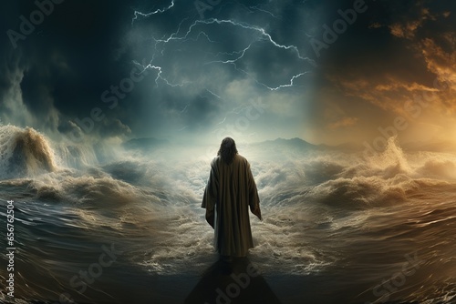Religious biblical concept, the story of Moses parting the sea, flight from Pharaoh, the Jews, belief in God and Jesus Christ , the liberation of the Jews from Egyptian captivity, the miracle 