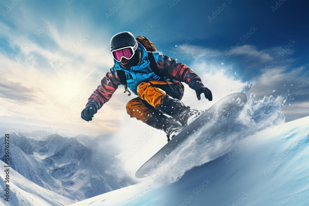 Snowboarder rides down the mountain Snowboarder rides down the mountain