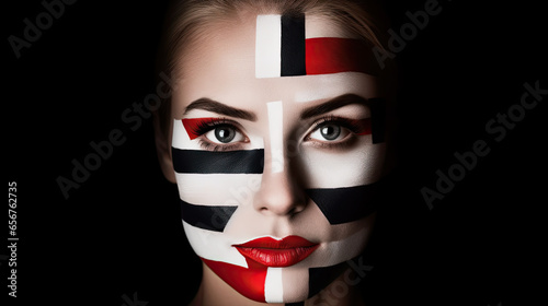 lady with abstract geometric face art on color background
