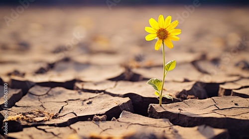 A small yellow sunflower flower thriving in arid soil, standing alone with a beautiful blurred background and warm lighting. Suitable for backgrounds related to investment, business, and solitude.