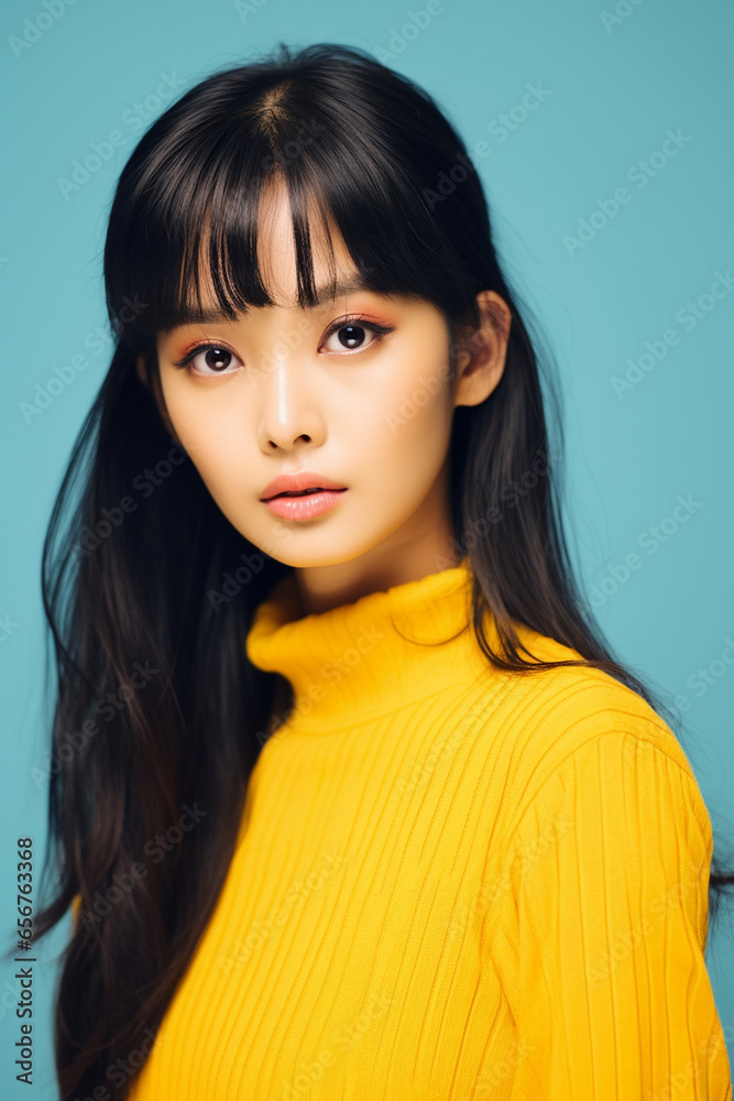 Beautiful close up portrait of a japanese model with black hairs, wearing yellow clothes, blue background, realistic, photo shot, sunny, clean Beautiful close up portrait of a japanese model with black hairs, wearing yellow clothes, blue background, realistic, photo shot, sunny, clean