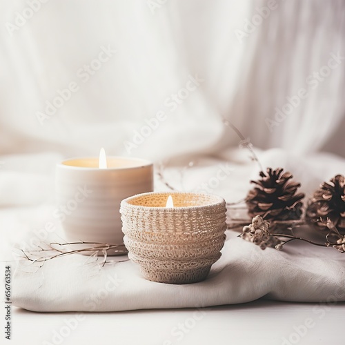 Cozy winter decorative composition in white and beige colors  warm winter decor with coffee cup and candles on white background with copy space