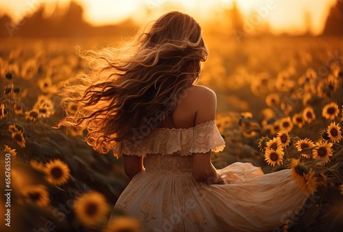 pretty woman walking in sunflower field farmland at sunset time, Generative Ai photo