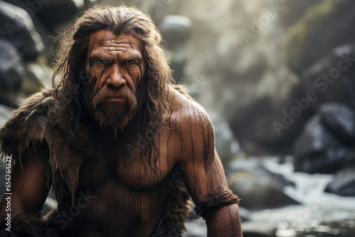 A Neanderthal with a powerful build stands near a roaring waterfall, their strong jawline and pronounced nasal cavities evoking a strong connection to the surrounding environment. photo