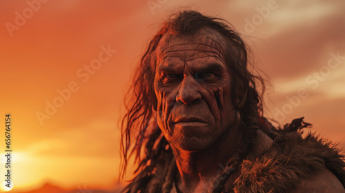 A Neanderthal man with a chiseled face, adorned with tribal markings, stands tall against an fiery orange sky, his piercing gaze revealing both strength and determination. photo