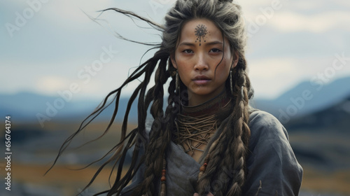 Her long, braided hair was streaked with gray, denoting her status as an elder and wise woman of the tribe. Her calm, serene expression exuded a sense of inner peace and tranquility. © Justlight