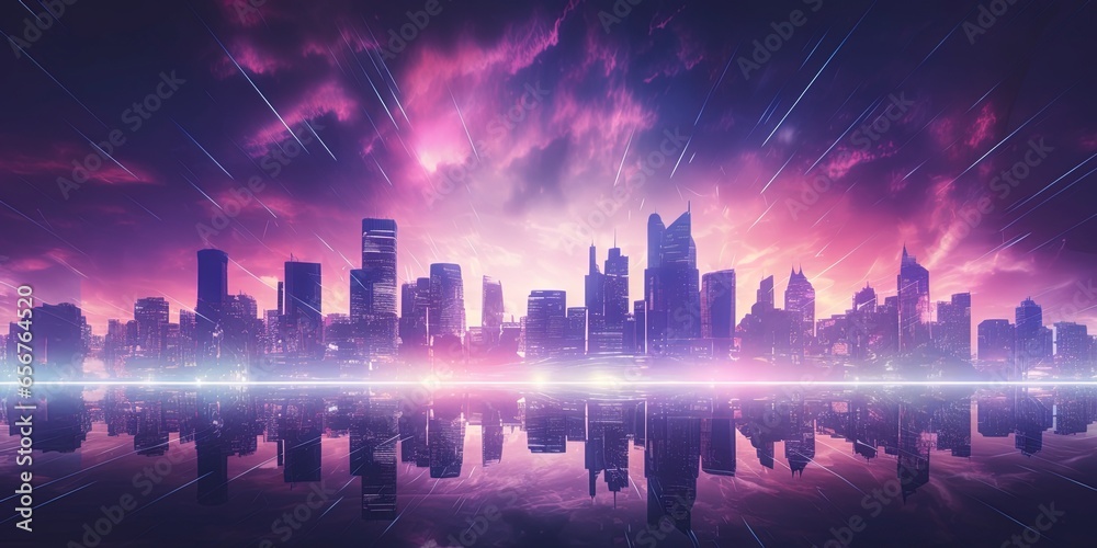 Vaporwave scifi cityscape with skyscrapers abstract background with lights and bokeh.