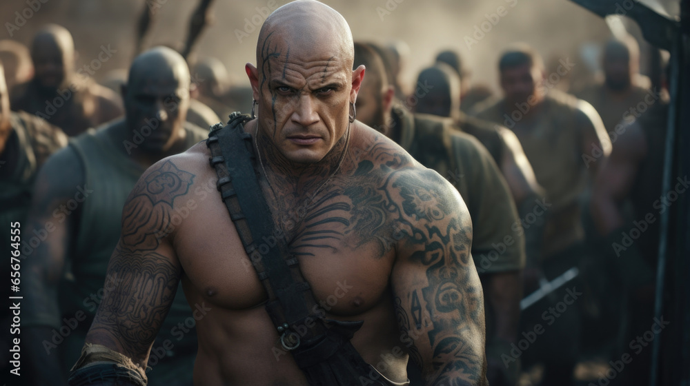 Alongside a row of cannons, a hulking pirate with a shaved head and tattoos covering his arms flexes his muscles, exuding an intimidating presence. - obrazy, fototapety, plakaty 