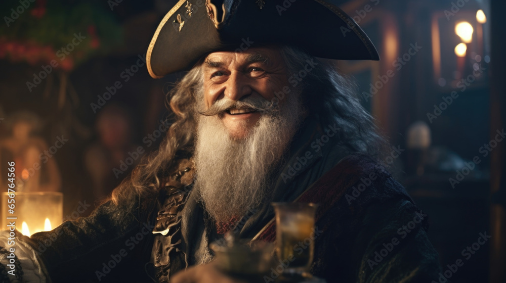 Sitting on a barrel of rum, a grizzled old pirate with a braided beard ...