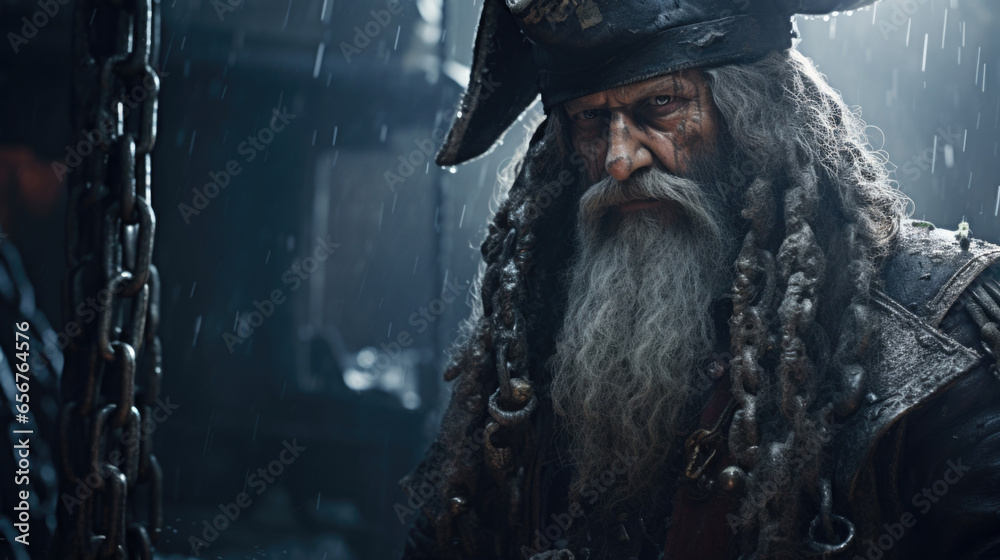 Naklejka premium A grizzled old pirate with a long, gray beard and a metal hook for a hand, standing against a backdrop of a pirate ship navigating through treacherous waters.