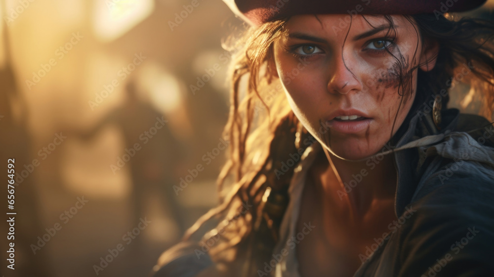 In an elaborate pirate hideout, a female pirate with a scar running across her cheek grabs a lass, ready to defend her crew at any cost. - obrazy, fototapety, plakaty 