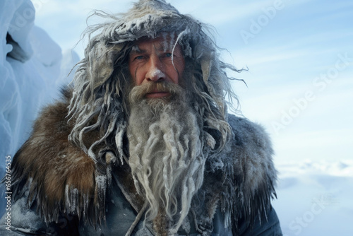 A wiselooking elder with a long, thick beard, dressed in animal hides, looks out solemnly over a frozen tundra.