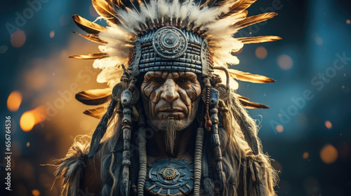 A wise shaman, his face adorned with feathers and ling beads, resembling the twilight sky behind him.