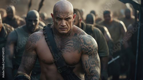 Alongside a row of cannons, a hulking pirate with a shaved head and tattoos covering his arms flexes his muscles, exuding an intimidating presence.