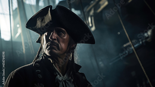 On the deck of a pirate ship, a brooding pirate with a hooked nose leans against the ships wheel. The shadows cast by his tricorn hat and long coat add an air of menace to his presence.