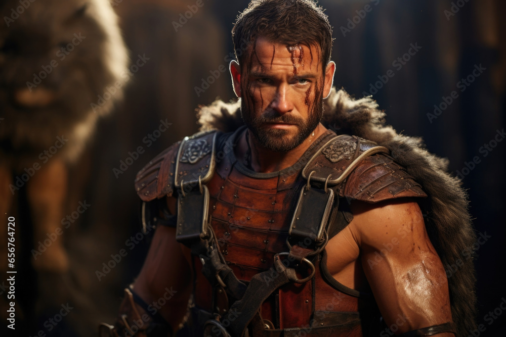An experienced gladiator with a seasoned air, standing boldly against a backdrop of chained wild animals, his authoritative stance reflecting his mastery in taming and slaying such ferocious