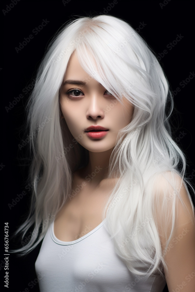 Beautiful close up portrait of a japanese model with white hairs, wearing white clothes, black background, realistic, photo shot, sunny, clean Beautiful close up portrait of a japanese model with white hairs, wearing white clothes, black background, realistic, photo shot, sunny, clean