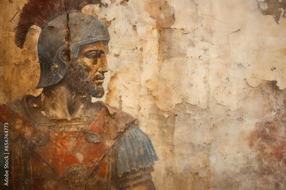 Faded frescoes adorn the walls as a seasoned gladiator confidently raises his trident, his gaze meeting an opponent yet unseen, projecting a silent certainty of victory. - obrazy, fototapety, plakaty 