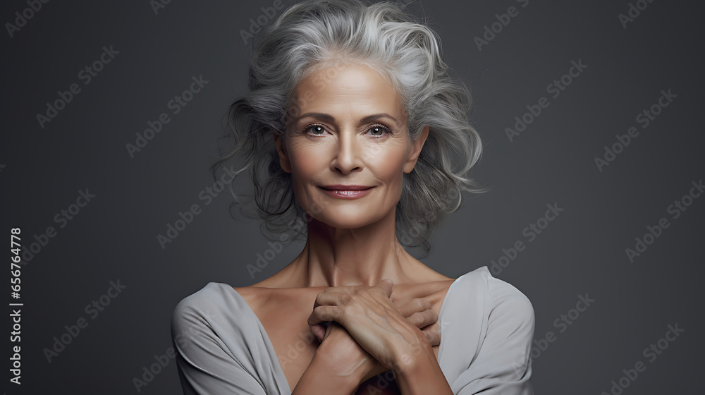 portrait of a woman, skin care, grace and charm of a mature woman whose ageless skin reflects her vibrant spirit example of the beauty found in self-confidence and self-expression, elegance, ageless