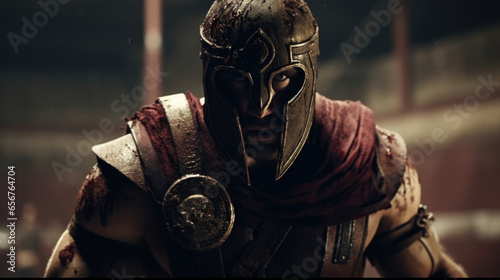 Within the dusty interior of a training arena, a gladiators face masks the exhaustion etched upon his body, determination radiating from his eyes as he pushes himself to the limits of his