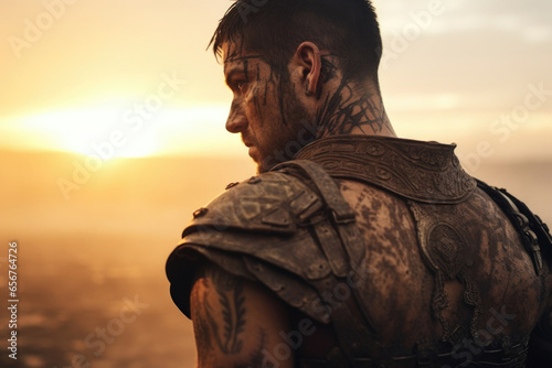 A weathered and scarred gladiator, standing against a misty morning sunrise, his deeply engraved tattoos telling the story of his survival within the brutal world of gladiatorial combat.