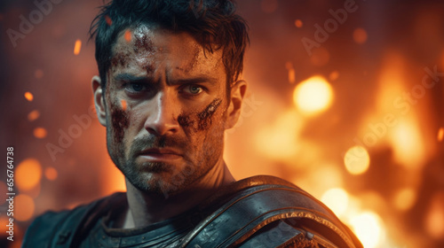 A gladiator with a fiery gaze, posing against a backdrop of a raging bonfire, representing his unrelenting ferocity and willingness to sacrifice everything for victory.