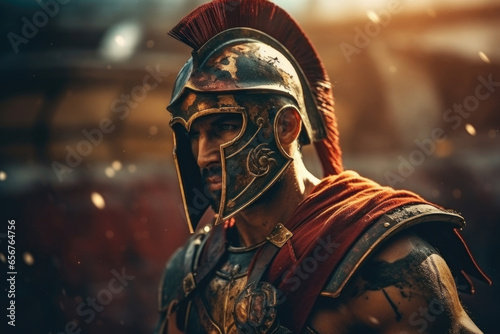 Against the backdrop of a stained arena, a helmeted gladiator stands with his shield raised, his powerful physique radiating strength and resilience.