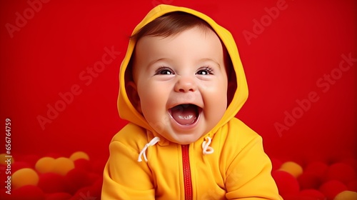 Photo of a baby wearing a yellow hoodie making a funny face