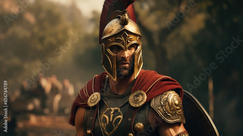 Surrounded by the mesmerizing beauty of an ornate Roman garden, a gladiator, his face hidden under a fearsome iron helmet, clutches a deadly spear, ready to unleash his lethal skills upon