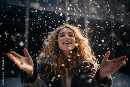 portrait of a happy young woman, snow, winter, vacations, christmas