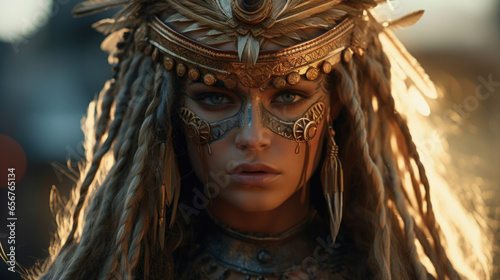 A woman with fierce eyes, her long, golden braids are intricately woven with beads and feathers, indicating her status as a respected warrior.