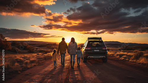family mother father daugther enjoy travel adventures  in a car on the road sunset photo