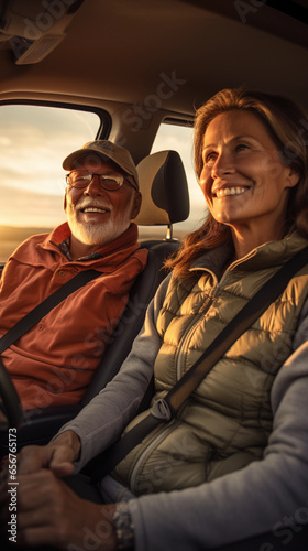 Mature couple grandfather and grandmother travel adventures on the road vertical