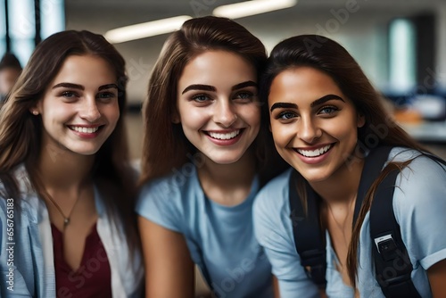 Beautiful white Caucsasian teenage girls smiling while in a high school classroom.