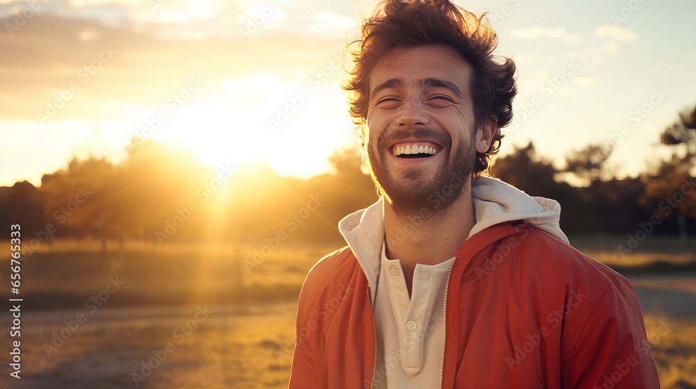 Photo of a young man smiling against a beautiful sunset backdrop Photo of a young man smiling against a beautiful sunset backdrop