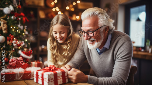 Old man with white beard and glasses and granddaughter are packing present for family. Gift box with red bow on wooden table. Christmas tree with bokeh lights. Happy New Year. Winter. Generative AI