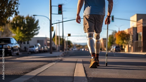 a man with a modern prosthetic leg walks down the street photo