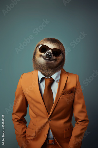Sloth wearing human clothes and glasses, stylish businessman