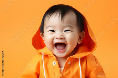 Portrait of happy asian baby in color clothing on color background