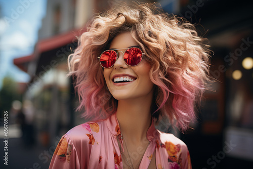 a woman wearing a trendy sunglasses, fashion model, smiling and happy  © MariaJos