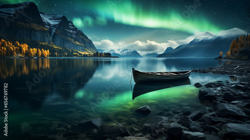 Aurora Borealis over the water and rocks with boat in the river
