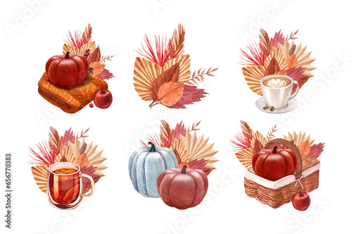 Watercolor set pumpkin with leaves in basket. Hand-drawn illustration isolated on white background. Perfect for menu cafe, template natural food, cooking, packing food, card thanksgiving