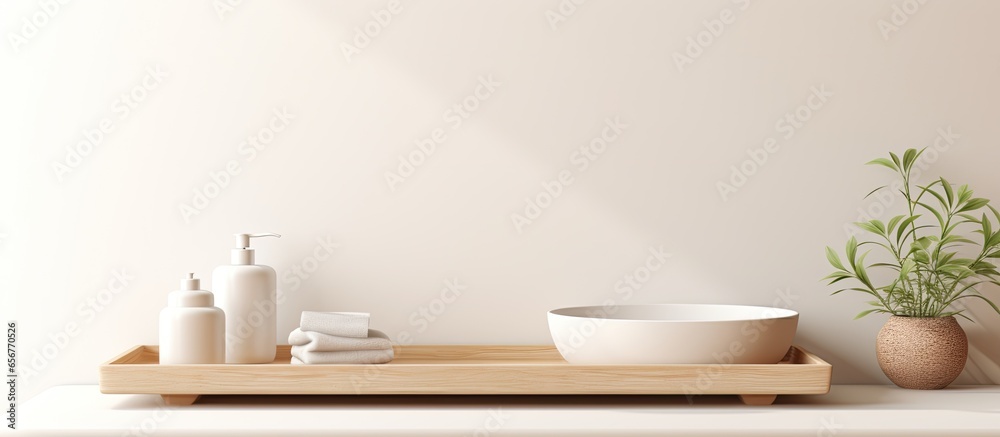 Blank white wooden tray table with edge in modern beige bathroom interior with bathtub and toilet Selective focus