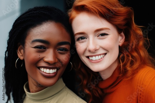 Cheerful girls embracing each other, happy gay multiethnic couple smiling happily and feeling love. Two women ethnic friends. Lesbian, freedom and pride lgbt people lifestyle concept photo