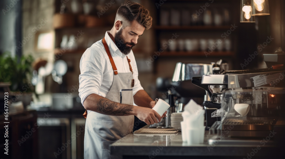 Barista using coffee grinder machine grinding roasted coffee beans at cafe. Male coffee shop owner brewing black coffee serving to customer. Small business restaurant food and drink concept Barista using coffee grinder machine grinding roasted coffee beans at cafe. Male coffee shop owner brewing black coffee serving to customer. Small business restaurant food and drink concept