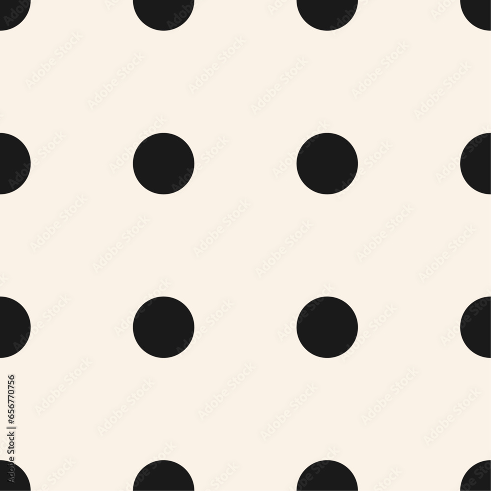 Fototapeta premium Seamless pattern with circles. Abstract geometric pattern with black polka dots on beige background For fabric surface design packaging wrapping paper Vector illustration