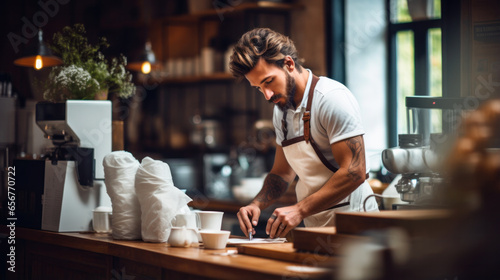 Barista using coffee grinder machine grinding roasted coffee beans at cafe. Male coffee shop owner brewing black coffee serving to customer. Small business restaurant food and drink concept